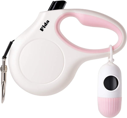Retractable Dog Leash with Integrated Dispenser and Waste Bags, 10 Ft Leash for Extra Small Dogs or Cats up to 18 Lbs, Anti-Slip Handle, Tangle-Free Design, Reflective Nylon Tape (XS, White)