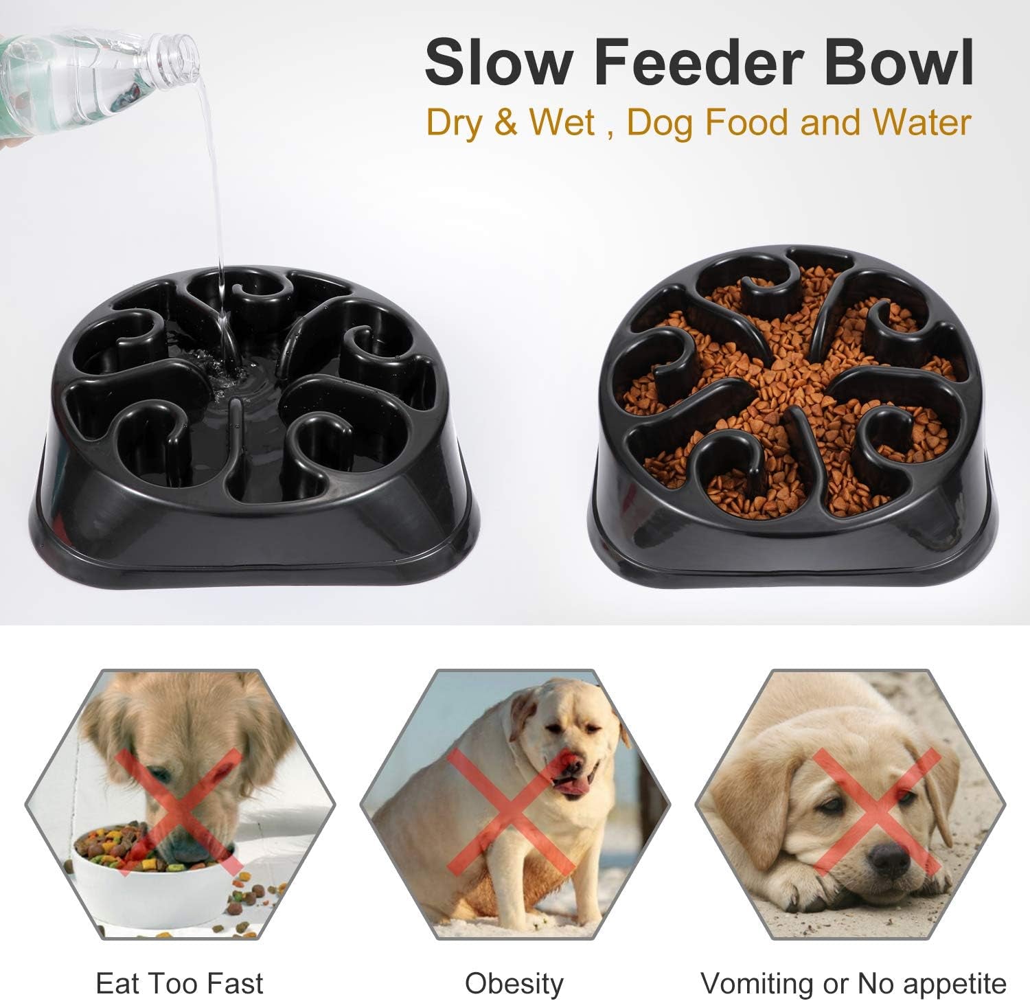 Large Anti-Gulping Slow Feeder Bowl for Large Dogs, Eco-Friendly Design (Black)