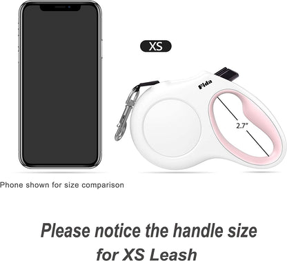Retractable Dog Leash with Integrated Dispenser and Waste Bags, 10 Ft Leash for Extra Small Dogs or Cats up to 18 Lbs, Anti-Slip Handle, Tangle-Free Design, Reflective Nylon Tape (XS, White)