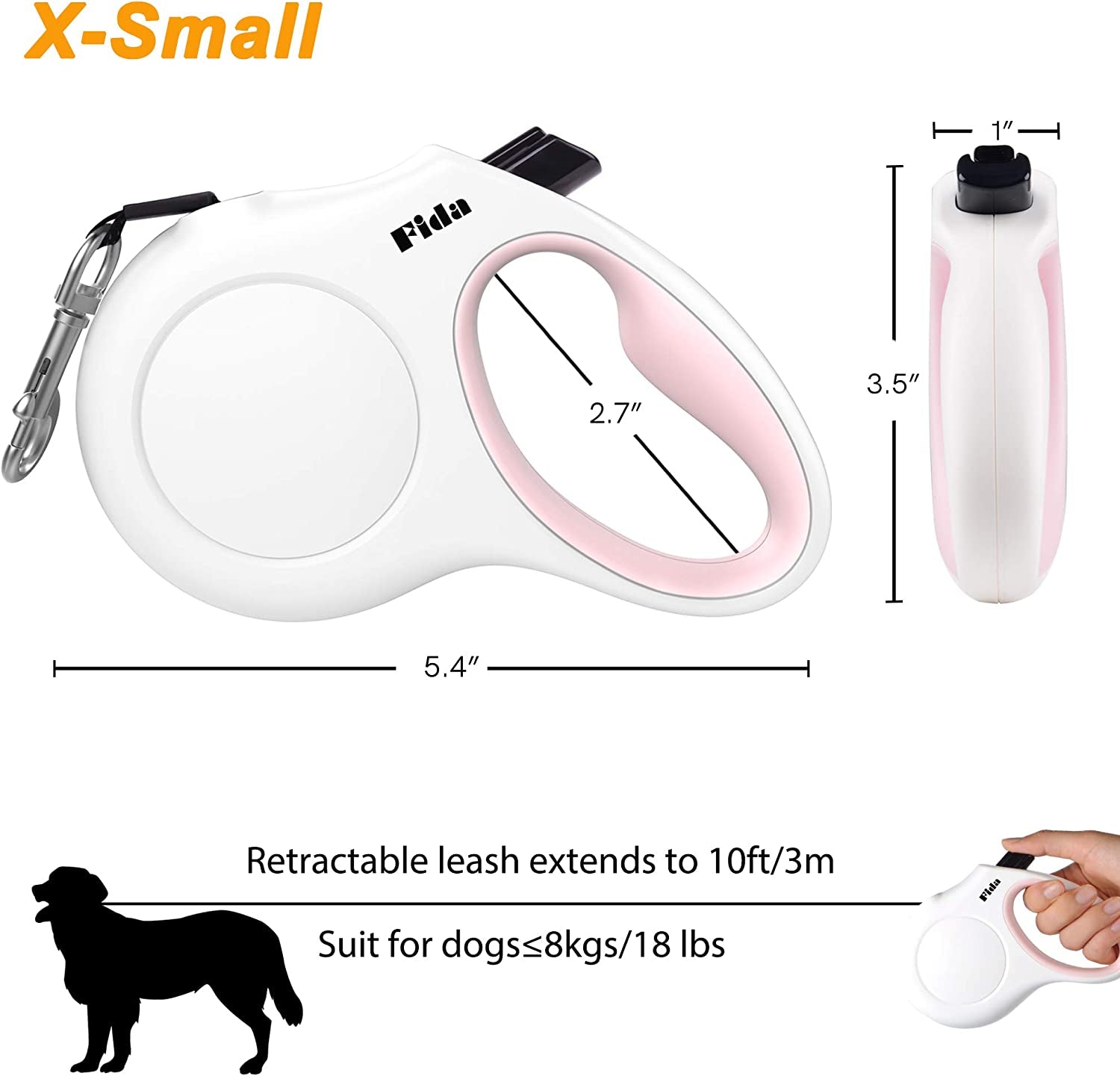 Retractable Dog Leash with Integrated Dispenser and Waste Bags, 10 Ft Leash for Extra Small Dogs or Cats up to 18 Lbs, Anti-Slip Handle, Tangle-Free Design, Reflective Nylon Tape (XS, White)
