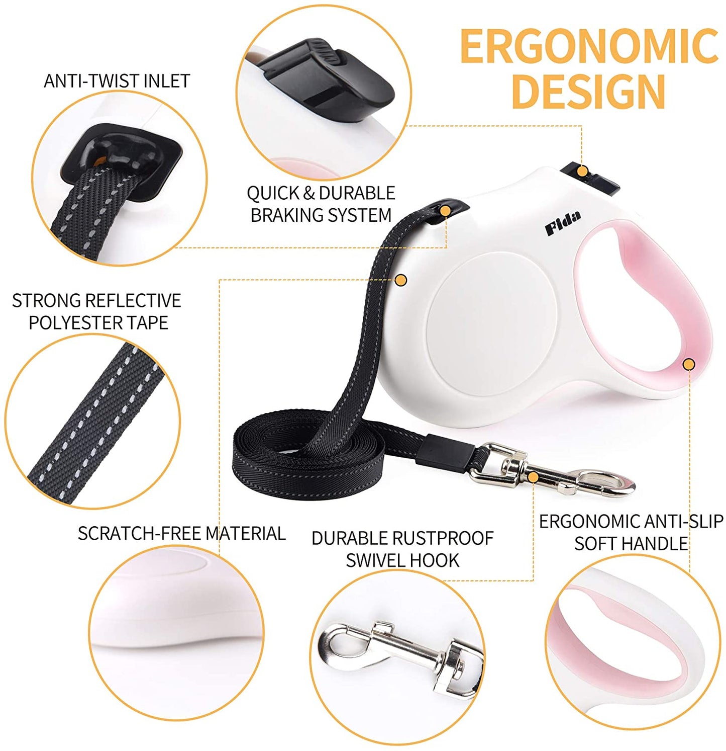 Retractable Dog Leash with Integrated Dispenser and Waste Bags, 10 Ft Leash for Extra Small Dogs or Cats up to 18 Lbs, Anti-Slip Handle, Tangle-Free Design, Reflective Nylon Tape (XS, White)