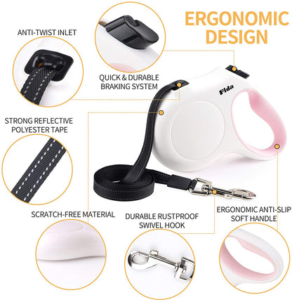Retractable Dog Leash with Integrated Dispenser and Waste Bags, 10 Ft Leash for Extra Small Dogs or Cats up to 18 Lbs, Anti-Slip Handle, Tangle-Free Design, Reflective Nylon Tape (XS, White)